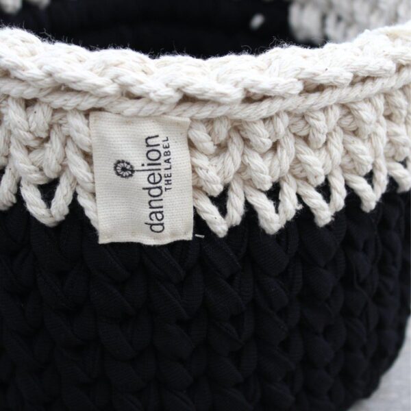 Dandelion rope basket with cotton rope and recycled cotton in black.